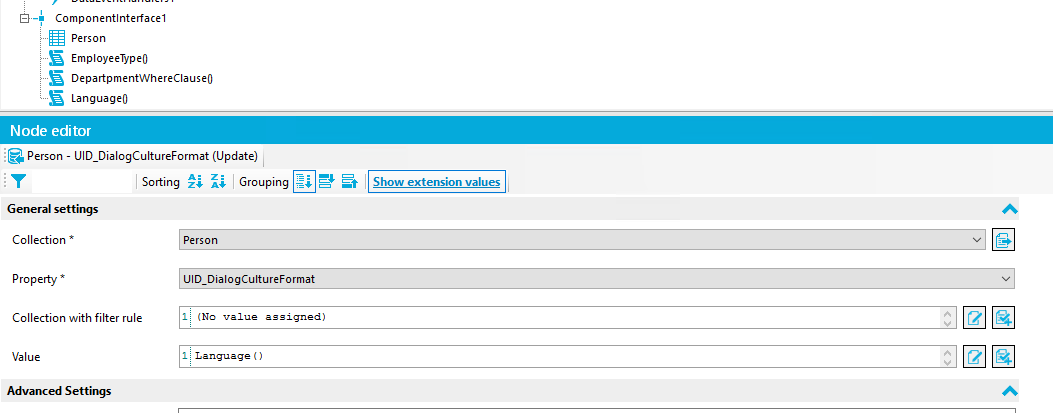 Componentlnteffacel Person EmployeeWpeO DepartpmentWhereCIauseO LanguageO Node editor Person - UID_DlaIogCuItureFormat (Update) General settings Collection Property Collection with filter rule Value Advanced Settings Person UID_DiaIogCuItureFormat I (No ass igned) L angu age 